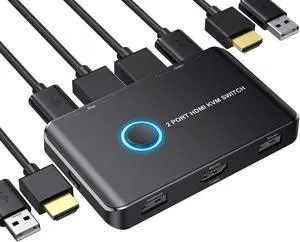 KVM Switch HDMI 2 Port Box,ABLEWE USB and HDMI Switch for 2 Computers Share Keyboard Mouse Printer and one HD Monitor,Support UHD 4K@60Hz,with 2 USB Cable and 2 HDMI Cable