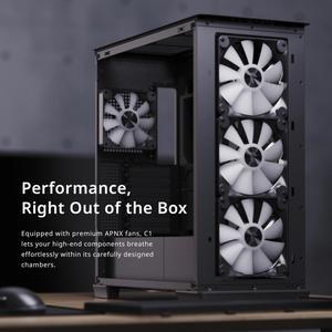 APNX C1 Mid-Tower ATX Black PC Case, 4 Included High Airflow APNX FP1 ARGB Fans, up to 11 Total Fan Slots, Top and Side 360mm Liquid Cooler Support, 5-Port PWM ARGB Control Hub