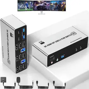 2 HDMI + 1 Displayport KVM Switch for 2 Computers Share 3 Monitor, 8K@60Hz Triple Monitor USB 3.0 Extended Display KVM Switcher Hub with Audio and 3 USB Ports Sharing Keyboard Mouse Printer