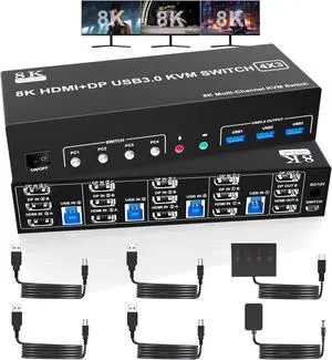 8K@60Hz 2 Displayport +HDMI USB3.0 KVM Switch 3 Monitors 4 Computers, 2 DP 1.4 +HDMI 2.1 Triple Monitor KVM Switch with Audio Microphone +3 USB3.0 Ports, Triple Monitor Keyboard Mouse Switcher