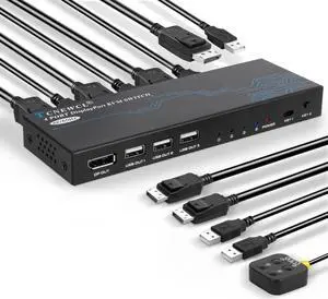 KVM Switch DisplayPort, 4 Port DP KVM Switch for 1 HD Monitor 4 Computers to Share USB 2.0 Devices Keyboard Mouse, Support 4K@60Hz, Included 4 DP+4 USB Cables