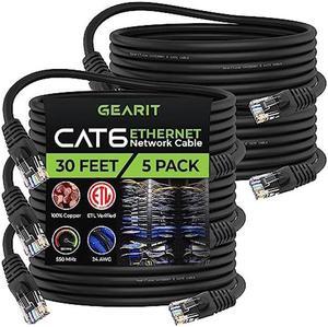 GearIT 5 Pack, Cat 6 Ethernet Cable Cat6 Snagless Patch 30 Feet - Computer LAN Network Cord, Black - Compatible with 5 Port Switch POE 5port Gigabit