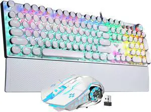 AULA White Gaming Keyboard and Mouse Combo (F2088 Typewriter Style Mechanical Keyboard Wired + SC100 Wireless Gaming Mouse), LED Rainbow Backlit Keyboard Mouse Set