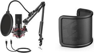 FIFINE Gaming Mics and Microphone Screen, USB Streaming Microphone Set with Flexible Boom Arm Stand Pop Filter, Plug and Play with PC Desktop Laptop Computer Podcast Mic Kit for Home Studio (T732+U1)