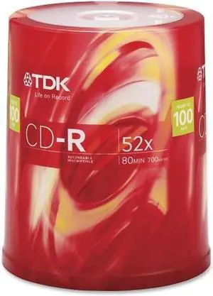 TDK Electronics Corp. CD-R Discs, 700MB, 80Min, 52x, 100/PK, Silver