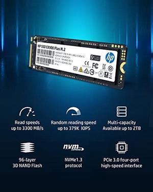 HP EX900 Plus 1TB NVMe PCIe M.2 Interface SSD, GEN 3 x 4, 8 Gb/s, 2280 3D NAND PC Internal Solid State Hard Drive Up to 3300 MB/s - 35M34AA#ABA