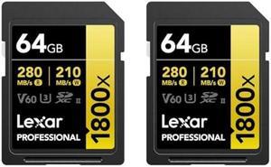 Lexar GOLD Series Professional 1800x 64GB UHS-II SDXC Memory Card, 2-Pack