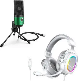 FIFINE USB Microphone and White Gaming Headset, PC Microphone with Gain Control, Wired Headphones with 7.1 Surround Sound,EQ Mode, RGB, Soft Ear Pads for Streaming, Podcasting, Twitch (K669G+H6W)