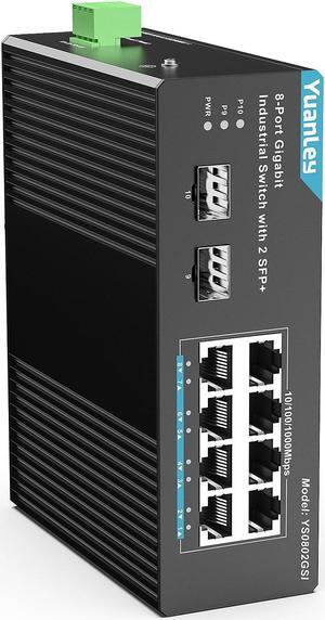 YuanLey Industrial Ethernet Switch 8 Port Gigabit with 2 SFP, 8 Gigabit Ethernet Ports, DIN-Rail Switch IP30 Rated, Unmanaged Network Switch (-40 to 176degF), Lifetime Protection, Fanless, Metal Case