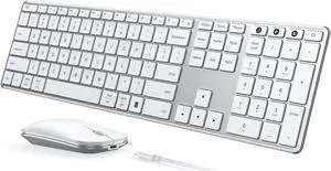 Wireless Bluetooth Keyboard and Mouse Combo (USB + Dual BT), seenda Multi-Device Rechargeable Slim Keyboard and Mouse, Compatible for Win 7/8/10, MacBook Pro/Air, iPad, Tablet - White Silver