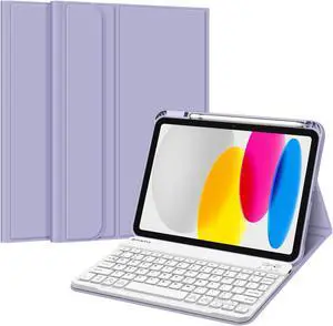 Fintie Keyboard Case for iPad 10th Generation 10.9 Inch Tablet (2022 Release) with Pencil Holder - Soft TPU Back Cover with Magnetically Detachable Bluetooth Keyboard, Lilac Purple