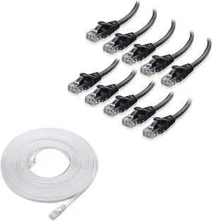Cable Matters 10-Pack 10-Foot Snagless Cat6 Ethernet Cable (Cat6 Cable, Cat 6 Cable) in Black & 1-Pack 50-Foot Cat6 Snagless Long Flat Ethernet Cable