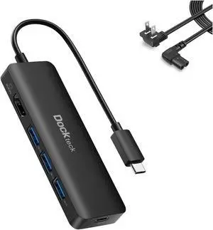 Dockteck USB-C Multiport Adapter 5-in-1 with 4K HDMI, 100W Power Delivery, 3 USB 3.0 Data Port Bundle with CableCreation 10 Feet 18 AWG Angled 2-Slot Non-Polarized Angle Power Cord