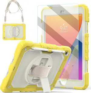 Blosomeet iPad 10.2 Kids Case 9th/8th Generation 2021 2020 with Tempered Glass Screen Protector Pen Holder|Cute Girls Boys iPad 7th Gen Cover Rugged w/Stand Hand Shoulder Strap Llluminating Yellow