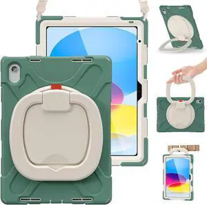 BRAECN Case for iPad (A16) 11th/10th Generation 11"/10.9'' 2025/2022-Heavy Duty Rugged Silicone Cover with Pencil Holder/Rotating Handle Grip/Stable Kickstand/Adjustable Shoulder Strap, Emerald Green