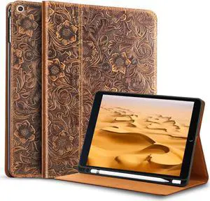 Gexmil Leather Case for iPad 10.2 inch 9th/8th/7th Gen. 2021/2020/2019 with Pencil Holder, Genuine Leather Cover Auto Sleep/Wake,Smart Folio Shockproof Protective,Anti-Fingerprint,Flower Brown