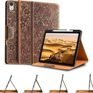 Gexmil Leather Case for iPad (A16) 11th Generation 11 Inch 2025, iPad 10th Generation 10.9 Inch 2022,Protective Cover with Pencil Holder,Magnetic Closure, Auto Sleep/Wake,Floral Brown