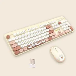 Hello Bear 2.4G Full-Size Wireless Keyboard and Mouse Combo, Multi-Color Typewriter Style Round Keycap, Cute Candy Colors, Compatible with Notebook, PC (Milk Tea)