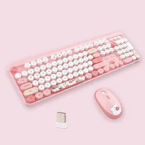 Hello Bear 2.4G Full-Size Wireless Keyboard and Mouse Combo, Multi-Color Typewriter Style Round Keycap, Cute Candy Colors, Compatible with Notebook, PC (Pink)