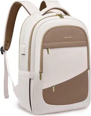 LOVEVOOK Laptop Backpack for Women,College Travel Copmputer Backpack, 17.3 Inch Backpacks with USB Port,Work Waterproof Back Pack with Laptop Compartment for Teacher Nurse,White-Khaki
