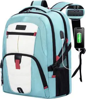 LOVEVOOK Travel Laptop Backpack Waterproof Anti Theft Backpack with Lock and USB Charging Port Large Computer Business Backpack for Women College Backpack (17 inch,Paleturquoise & White