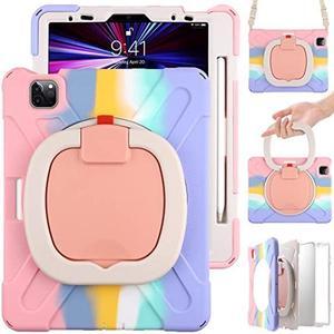MEEgoodo Case for iPad Pro M2 12.9 Case 6th/5th/4th/3rd Generation 2022 2021 2020 2018, Tablet Cover with Pencil Holder/Rotating Stand/Shoulder Strap for Kids, Colourful Pink