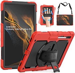 MLZYUE Case for Samsung Galaxy Tab S8 Ultra/S9 Ultra 14.6 Inch, 3-Layer Rugged Military Grade Shockproof Case for Tab S8 Ultra/S9 Ultra with 360deg Swivel Handle, S-Pen Holder, Shoulder Strap, Red