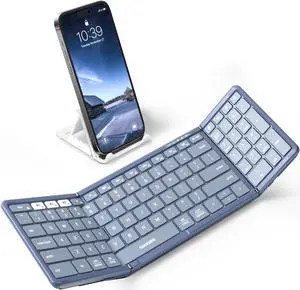 Samsers Foldable Bluetooth Keyboard with Numeric Keypad, Full-Size Wireless Folding Keyboard with PU Leather, Portable Travel Keyboard for iOS Android Windows Mac OS, Support 3 Device(BT5.1 x 3) Blue