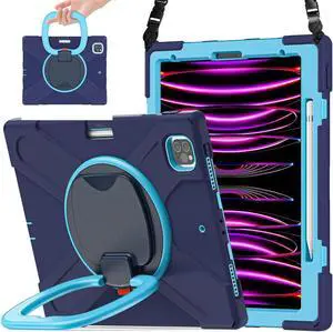 SCSVPN iPad Pro 12.9 Case Kids 6th/5th/4th/3rd Generation 2022 2021 2020 2018 with Pencil Holder- Rotating Stand/Handle- Shoulder Strap, Full-Body Drop Shockproof Protective Silicone Cover, Navy Blue