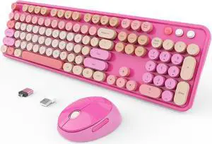 Wireless Keyboard and Mouse Combo, Ergonomic Full Size Typewriter Retro Round Keycaps Keyboard, Compatible with Windows, PC, Perfer for Home and Office Keyboards (Red)