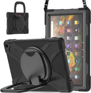 360 deg Rotation Portable Case for Fire HD 10 & 10 Plus Tablet(11th Generation, 2021 Release Rugged Case Rotating Stand Hand Strap Shoulder Carrying Strap Outdoor Cover (Black)