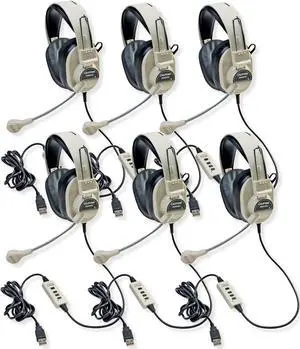 Califone 3066-USB Deluxe Multimedia Stereo Headset with USB Plug, Flexible Omni Directional Microphone, Around Ear Ambient Noise Reducing Earcups, In-line Volume Control, Pack of 6