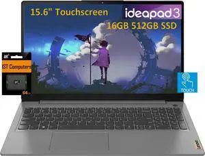 Lenovo IdeaPad 3 15.6" FHD Touchscreen Laptop (16GB RAM, 512GB SSD, Intel Core i3 (> i5-1035G7)) Narrow Bezel, Webcam, 12-Hr Long Battery Life, NumPad, IST SD, Win 11 Home, Home & School - Grey