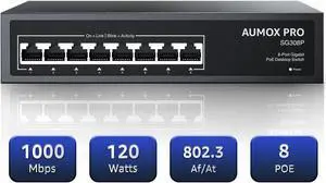 8 Port Gigabit PoE Switch,AUMOX PRO SG308P 8 Port Gigabit Ethernet Unmanaged PoE Switch 120W, Plug and Play,Sturdy Metal Fanless Network Switch 802.3af/at Compliant,Desktop or Wall Mount