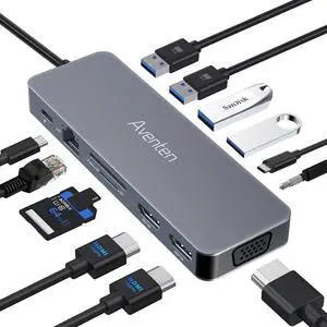 USB C Hub Multiport HDMI Adapter, 13in1 USB C Laptop Docking Station Dual Monitor, Powered USB Hub 3.0 Dongle, Thunderbolt Dock MacBook Pro USB Type C Ethernet Adapter with SD Card Reader PD100W