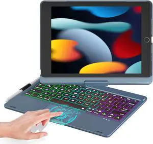 BABG iPad 9th Generation Case with Keyboard, 360deg Rotatable Backlit Keyboard with Pencil Holder for 10.2 inch iPad 9th Gen 2021/ 8th Gen 2020/ 7th Gen 2019 and iPad Air 3 / Pro 10.5" - Navy Blue