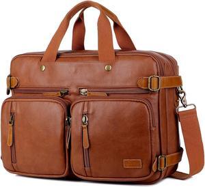 Men Vegan Leather Briefcase Backpack Hybrid 17 Inch Laptop Bag Case Business Messenger bag HB-22 (Brown)