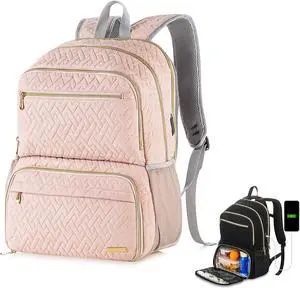 BAOXA Women's 17 inch Laptop Backpack with USB Charging Port, Large Computer Backpack with Insulated Lunch Compartment, Pink