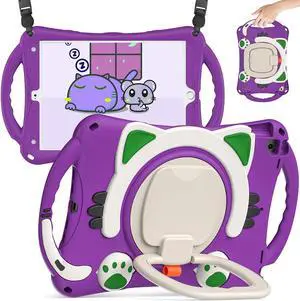 BATYUE Rugged Case for iPad 10.2 inch 8th/7th Generation (2020/2019)/iPad Air 10.5 2019 / iPad Pro 10.5 2017 with Rotating Stand/Pencil Holder/Carrying Strap, Cute Cat Case for Kids Boys Girls(Purple)