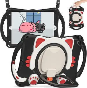 BATYUE Case for iPad 9th/8th/7th Generation 10.2 inch (2021/2020/2019), with Rotating Stand, Pencil Holder, Carrying Shoulder Strap, Cute Cat Case for Kids (Black+Red)