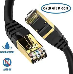 Cat 8 Ethernet Cable, (Cat8 6ft & Cat8 60ft) Outdoor&Indoor, Burial High Speed 26AWG Cat8 LAN Network Cable 40Gbps, 2000Mhz with Gold Plated RJ45 Connector, Weatherproof for Router/Gaming/Xbox/IP