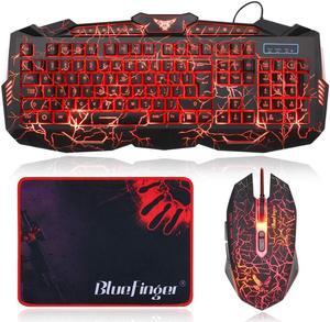 BlueFinger Backlit Gaming Keyboard and Mouse Combo,USB Wired Backlit Keyboard Mouse Game Set,Multimedia Keys,3 Color LED Crack Illumination Keyboard Mouse for Game and Work
