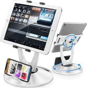 DeskLogics iPad Stand for Desk, Tablet Holder - 6 inch to 13 inch - Stable, Adjustable - 360deg Swivel Angle Pen Phone iPad Stand for Store, Retail Kiosk, Reception, Home Office, Gift Ideas - White