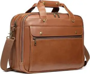 Bosidu Leather Briefcases for Men 15.6 Inch Laptop Messenger Bag with Triple Compartments Water-Resistant Computer Shoulder Bag for Business, Travel, Work, Office, Coffee