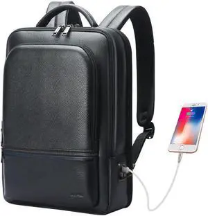 BOPai Genuine Leather Backpack for Men Multi-Function 15.6 inch Laptop Premium Executive Business Travel Friendly Smart Rucksack with USB Charging Anti Theft Large Capacity Office Classic Black