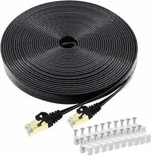 BUSOHE Cat 8 Ethernet Cable 200 FT, 40Gbps 2000MHz CAT8 High Speed Flat Internet Network Patch Cord, Shielded LAN Wire with Gold Plated RJ45 Connector for Outdoor&Indoor, with Clips - 200FT Black