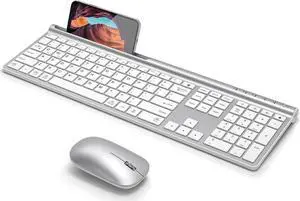 Wireless Keyboard and Mouse Combo, CHESONA Bluetooth Rechargeable Full Size Multi-Device (Bluetooth 5.0+3.0+2.4G) Wireless Keyboard Mouse Combo for Mac OS/iOS/Windows/Android (White)