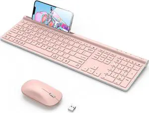 Wireless Keyboard and Mouse Combo, CHESONA Bluetooth Rechargeable Full Size Multi-Device (Bluetooth 5.0+3.0+2.4G) Wireless Keyboard Mouse Combo for Mac OS/iOS/Windows/Android (Pink)