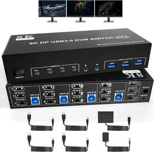 8K@60Hz USB3.0 Displayport KVM Switch 3 Monitors 4 Computer, DP1.4 Triple Monitor KVM Switch with Audio Microphone Output and 3 USB3.0 Port, KVM Triple Monitor Keyboard Mouse Switcher for 4PC