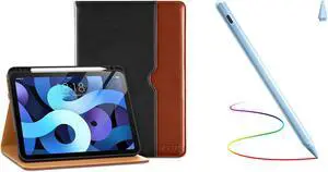 DTTO iPad Air 5th/4th Generation Case, Premium Leather Folio Stand Cover with Pencil Holder, and Stylus Pen for iPad Air 10.9 inch 2022/2020, BlackBrown and Light Blue